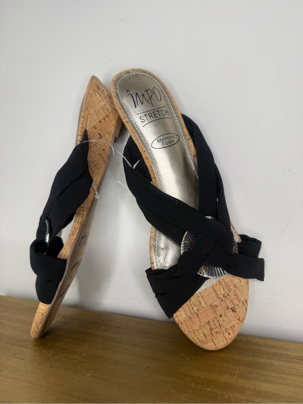 Impo Black Knot Cork Wedge Slide Sandals Ridley